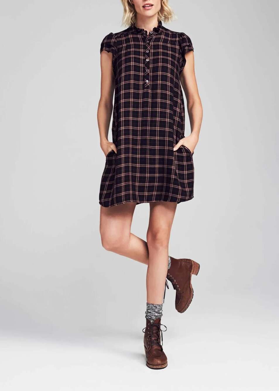 Faherty Women's Keterly Dress Harper Plaid Ruffle Neck Cap Sleeve